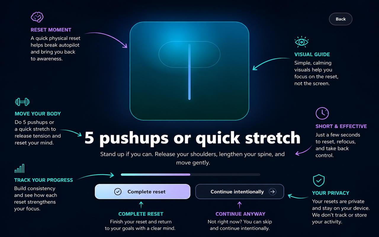Lucid reset moment showing a pushups or quick stretch reset with progress controls.