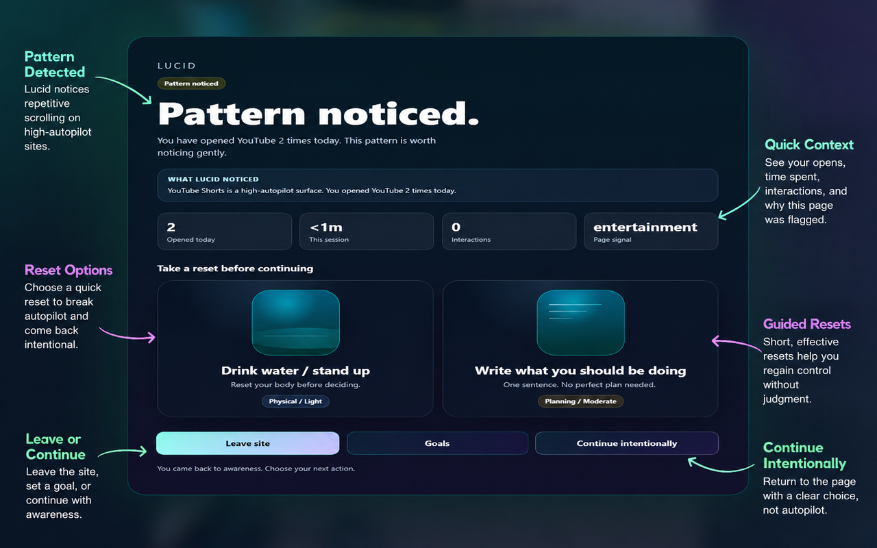 Lucid overlay showing a pattern noticed screen with reset options and continue intentionally controls.
