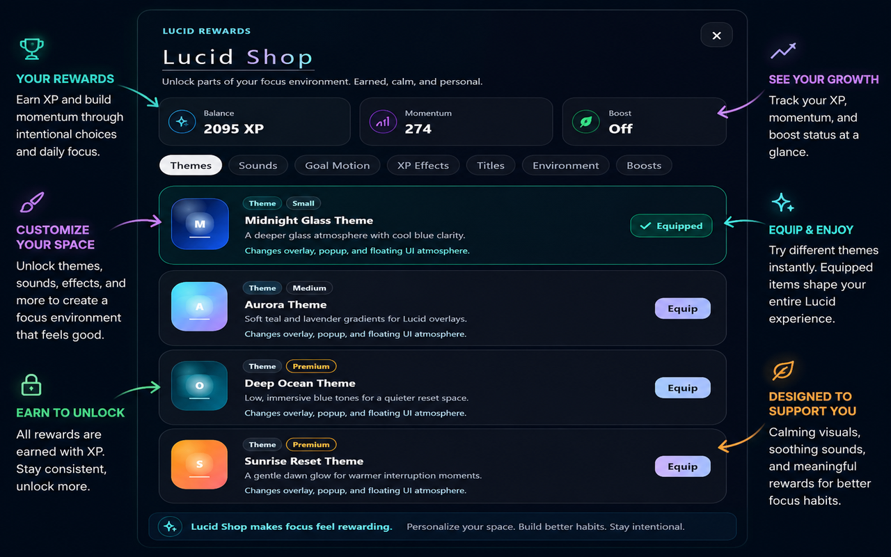 Lucid shop screen showing XP balance, reward categories, and equipped themes.